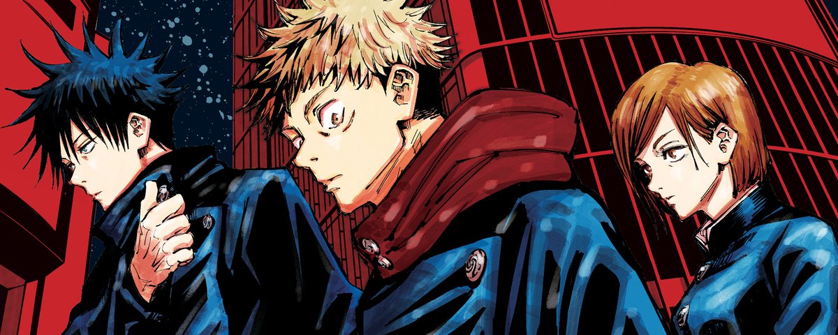 Jujutsu Kaisen characters Megumi, Yuji, Nobara walking left in red city