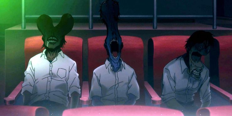 Various different incapacitated humanoid cursed spirits in school uniforms seated in a movie theatre