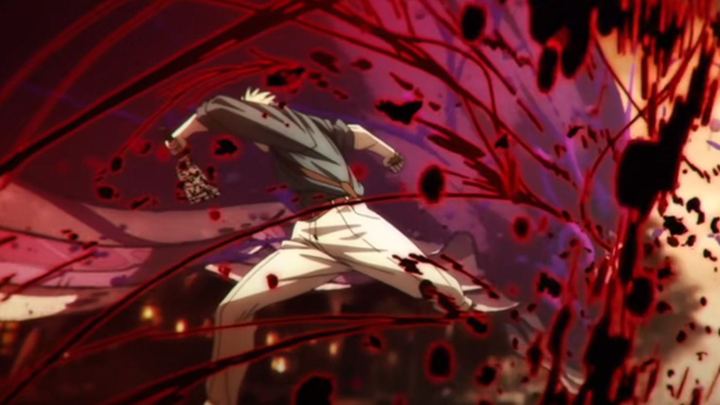 Nanami using black flash with his blunt sword cursed tool, showing the black (and red) flashes of cursed energy