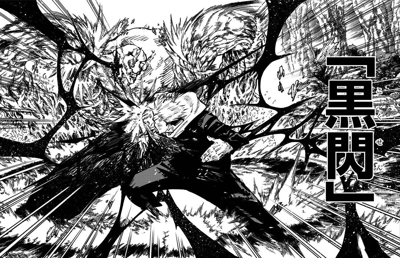 Manga panel of Yuji using Black Flash against Hanami