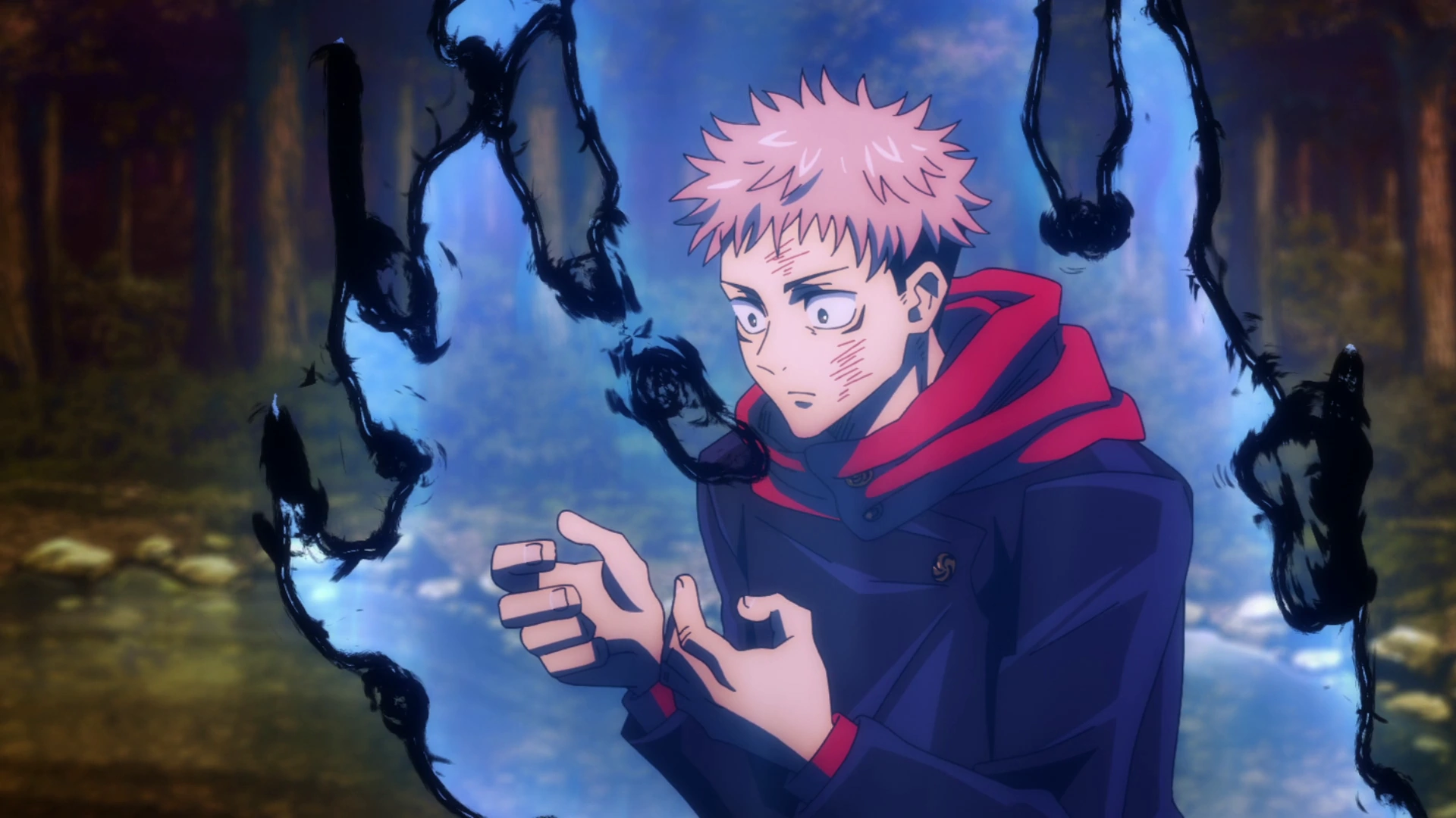 Anime picture of Yuji cloaked in cursed energy aura